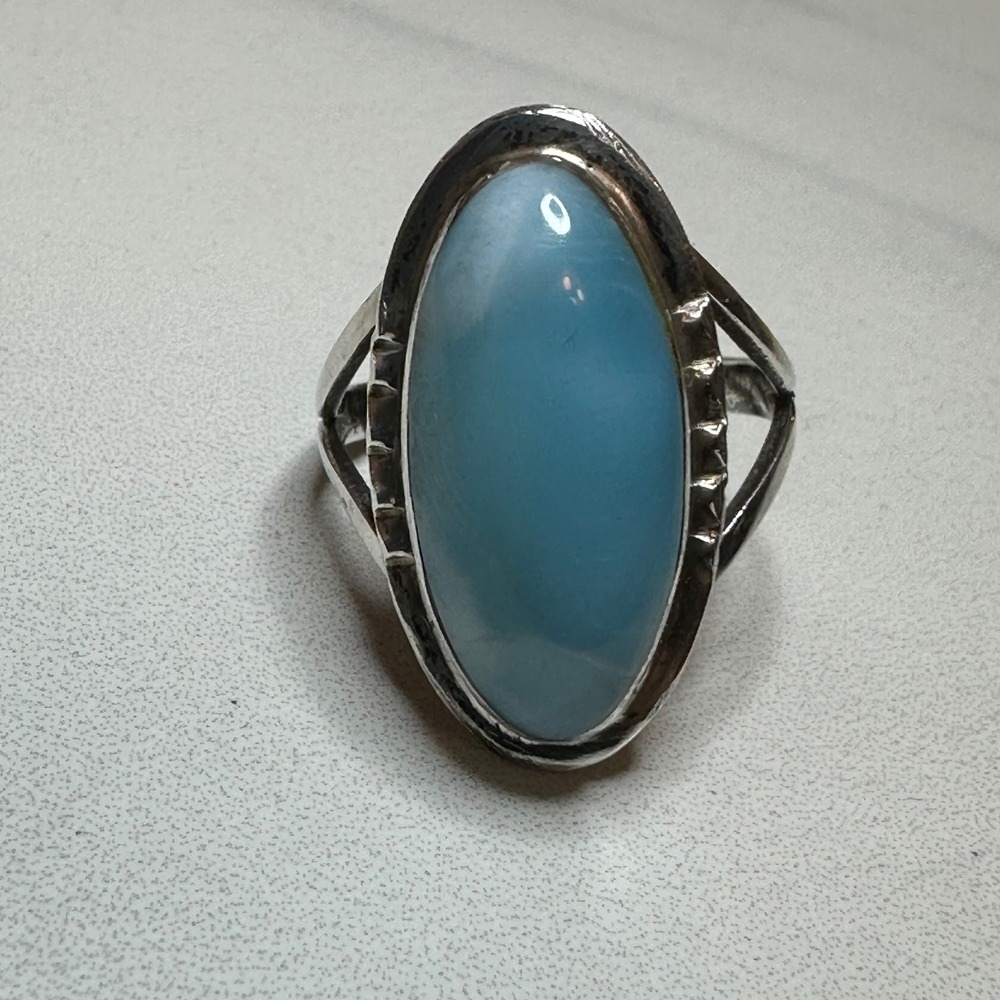 Sterling Silver Ring with‎ Oval Larimar Stone Size 7 Southwestern Statement Ring